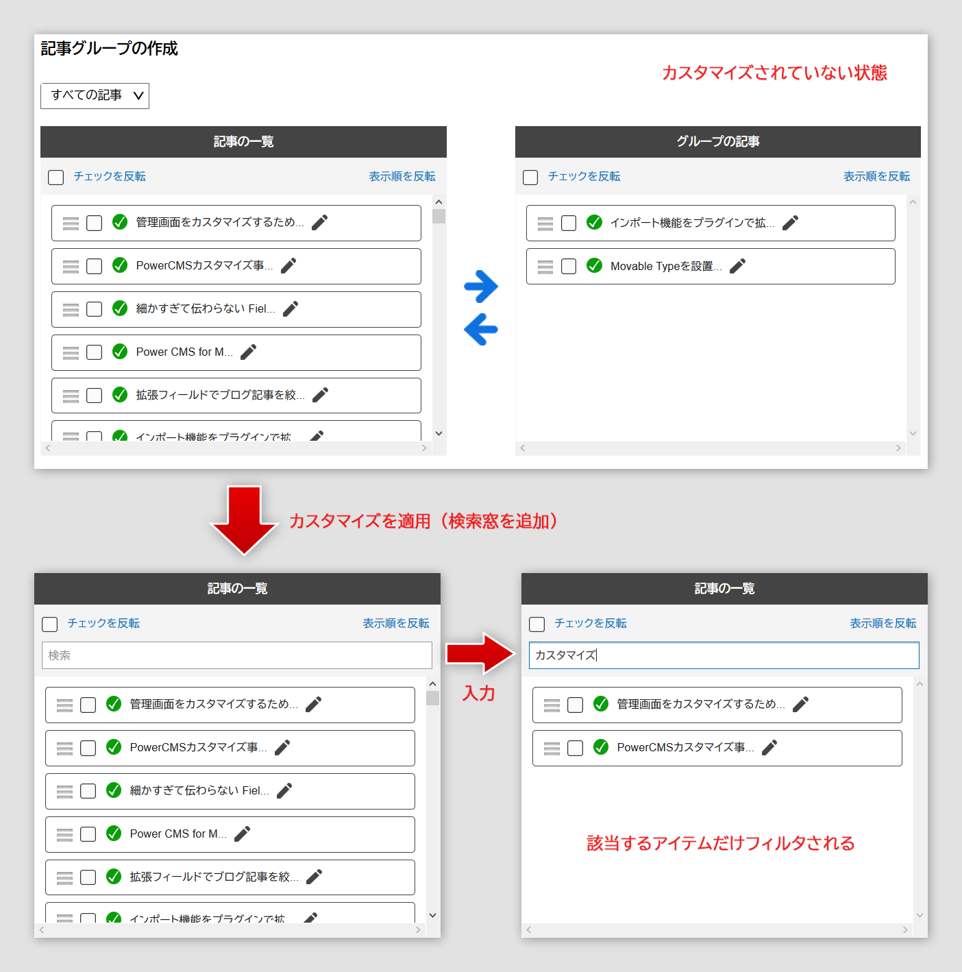 グループ編集画面でアイテムをフィルタできるようにする | PowerCMS