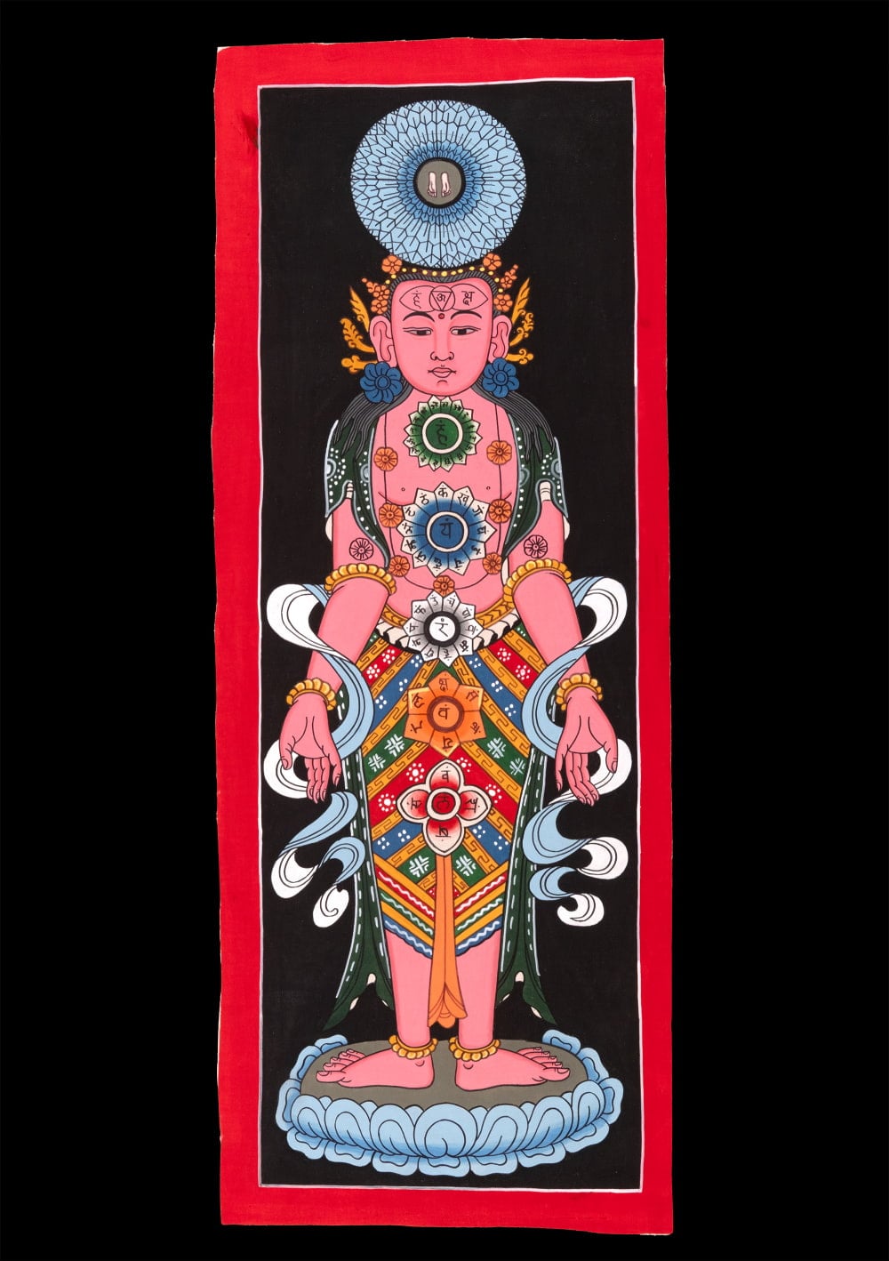一点物〕タンカ - チャクラ人体曼荼羅・エネルギー体図[52cm x 20cm
