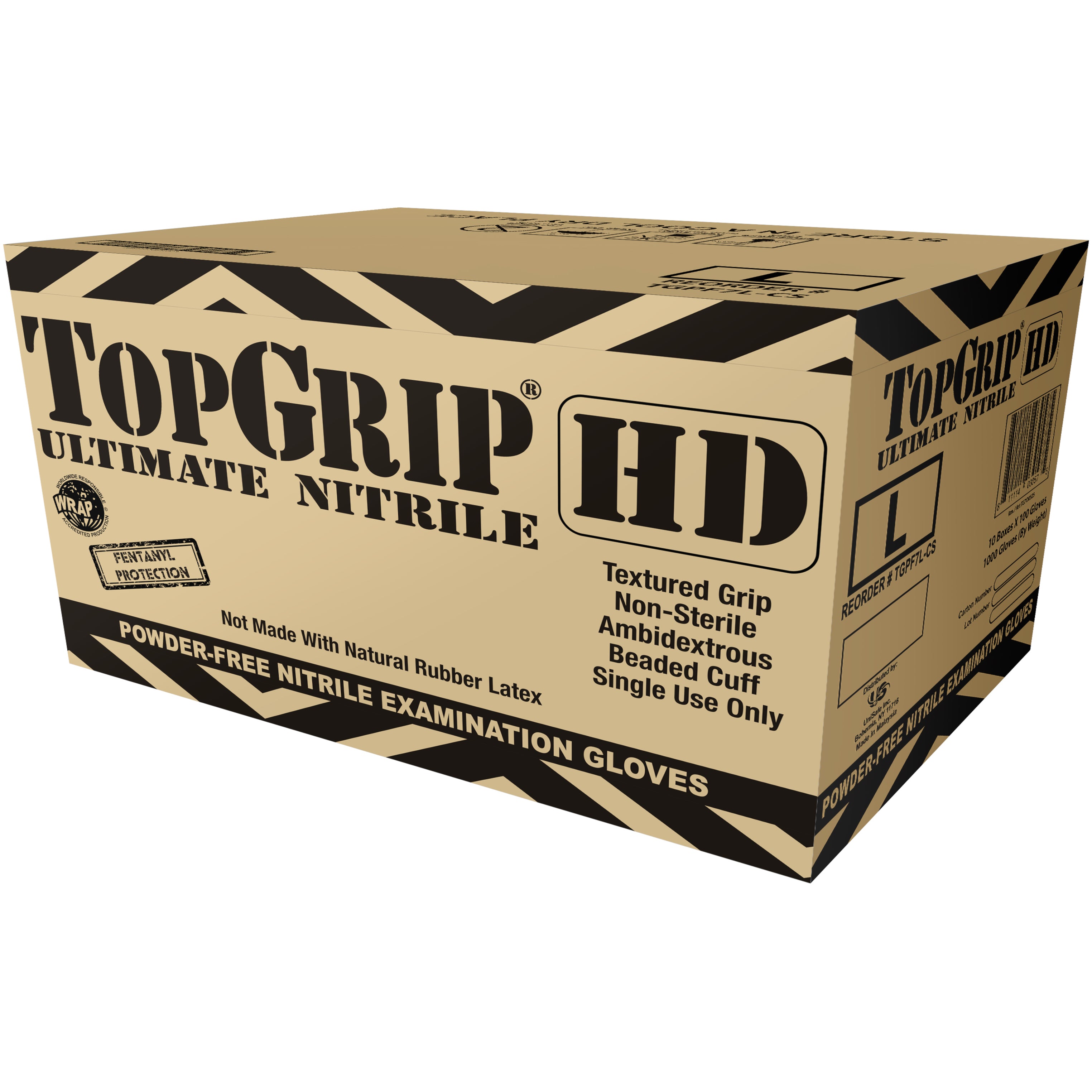 TopGrip HD 7 Mil Powder Free Dual-Layer Nitrile Exam Gloves, Case