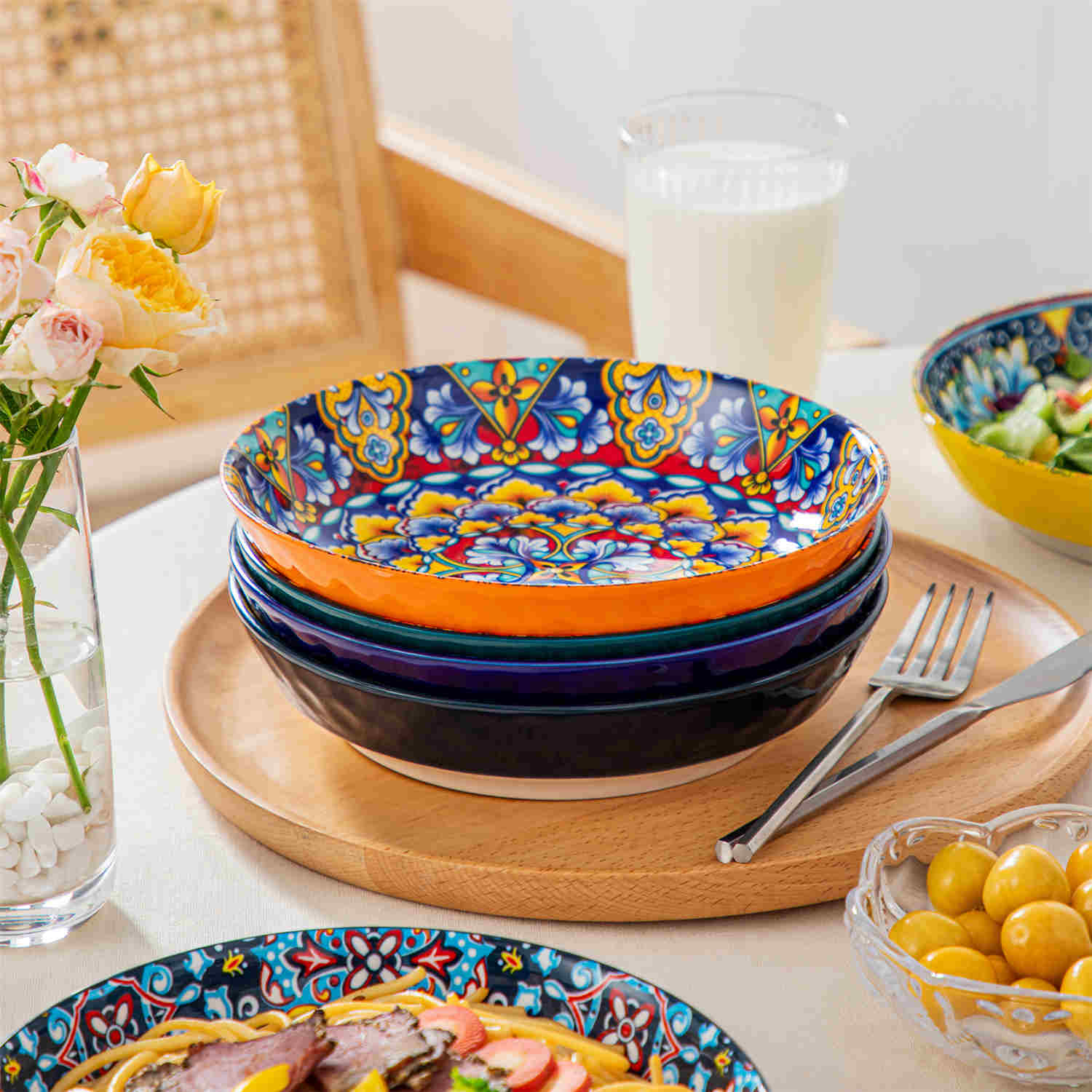 Boho Porcelain Pasta Bowls Set of 6 | 32 oz Simi Tableware