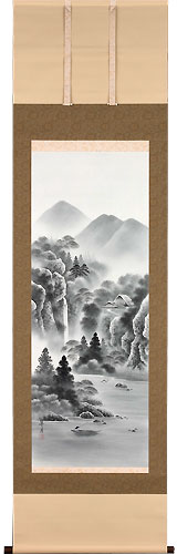 山水の掛け軸 小林翠月作 水墨山水