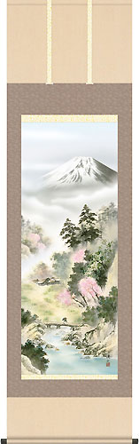 山水の掛け軸 伊藤渓山作 富士流景 春「富士春色」