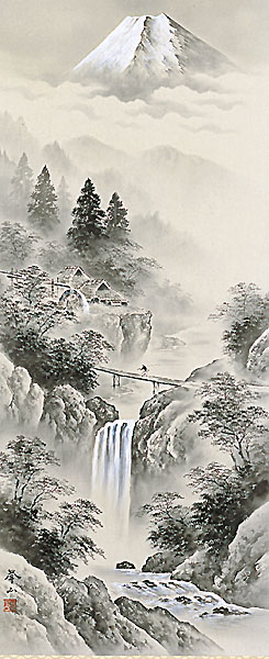山水の掛け軸 木村挙山作 水墨山水