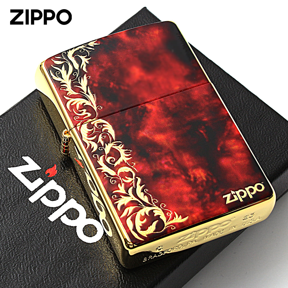 Zippo ジッポー 大理石調 レッドマーブル アラベスク 唐草 金メッキ