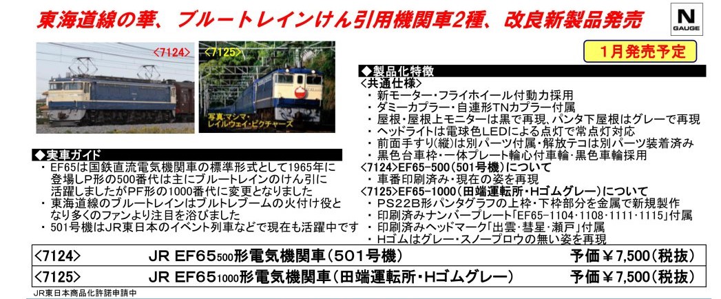 TOMIX EF65-1000形電気機関車(田端運転所・Hゴムグレー) 品番:7125