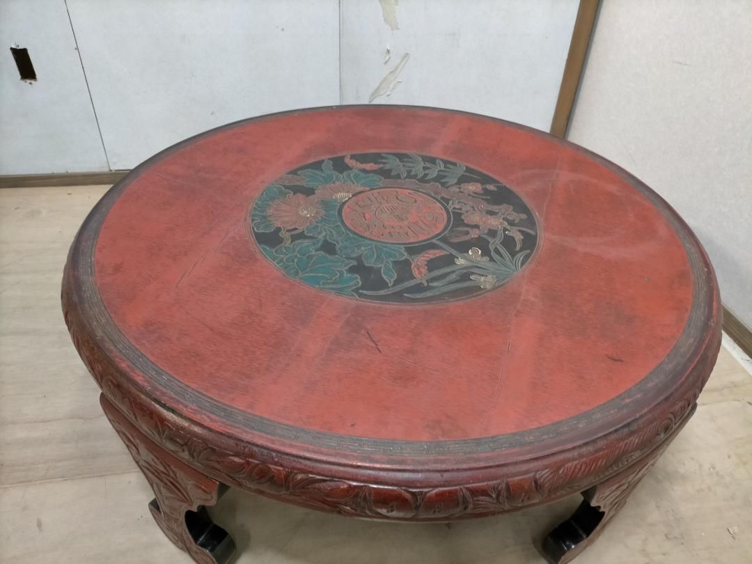 中国骨董 唐家具 飾彫り 円卓 座卓 ちゃぶ台 センターテーブル 古家具