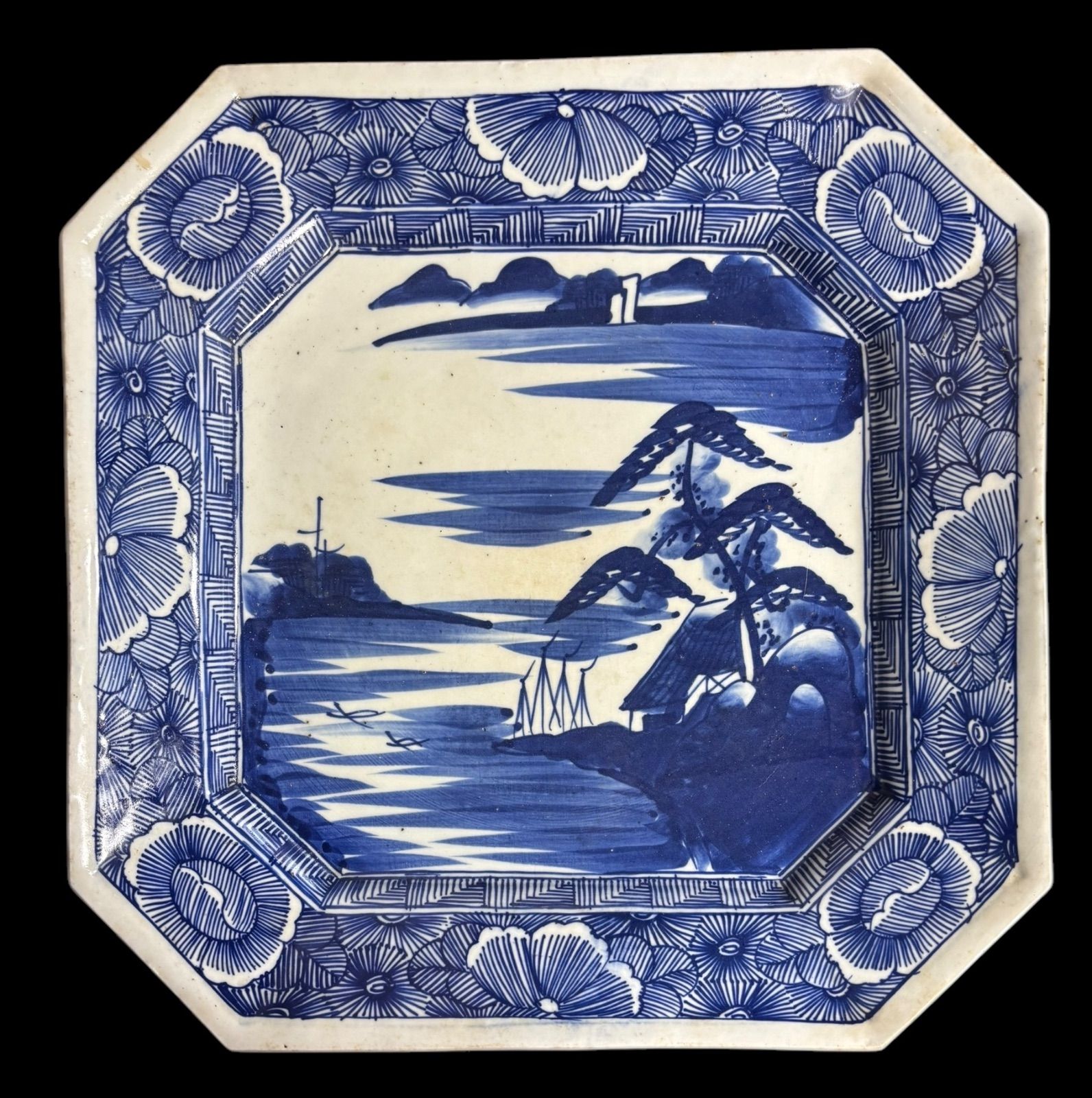 古伊万里 八角絵皿 [山水風景図] 染付 年代物 大皿 角皿 平皿 取り皿