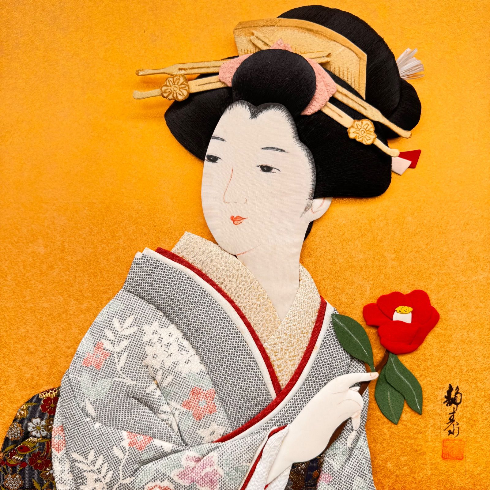 111 押し絵 椿 美人画 くるみ絵 押絵 和装 日本画 美術品 額付き 押絵