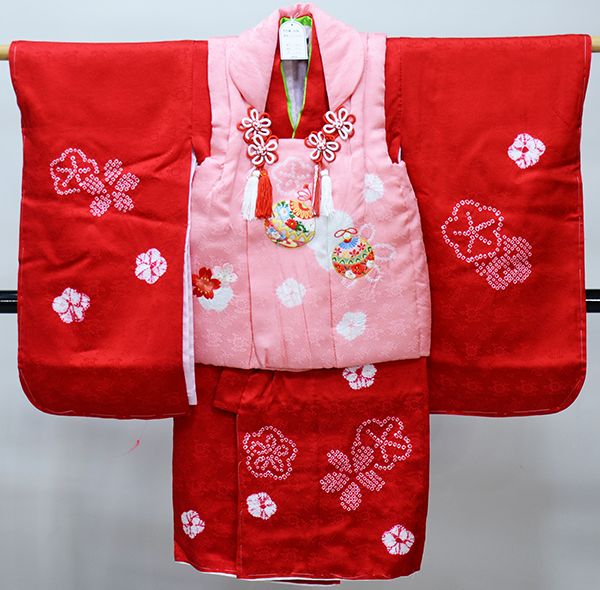 人気総絞り被布♡七五三 3歳 女の子 フルセット 赤 鶴 人気総絞り