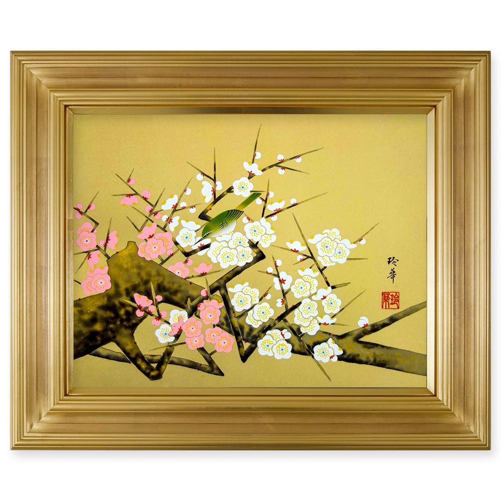 花鳥画 八代玲華／筆 「梅と鴬」 F6号 日本画(複製) 手彩 額入り 普段