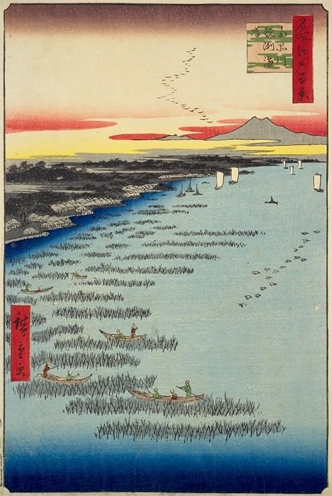 南品川鮫洲海岸」−モノクロの岸に海苔が送られる、、−『名所江戸百景