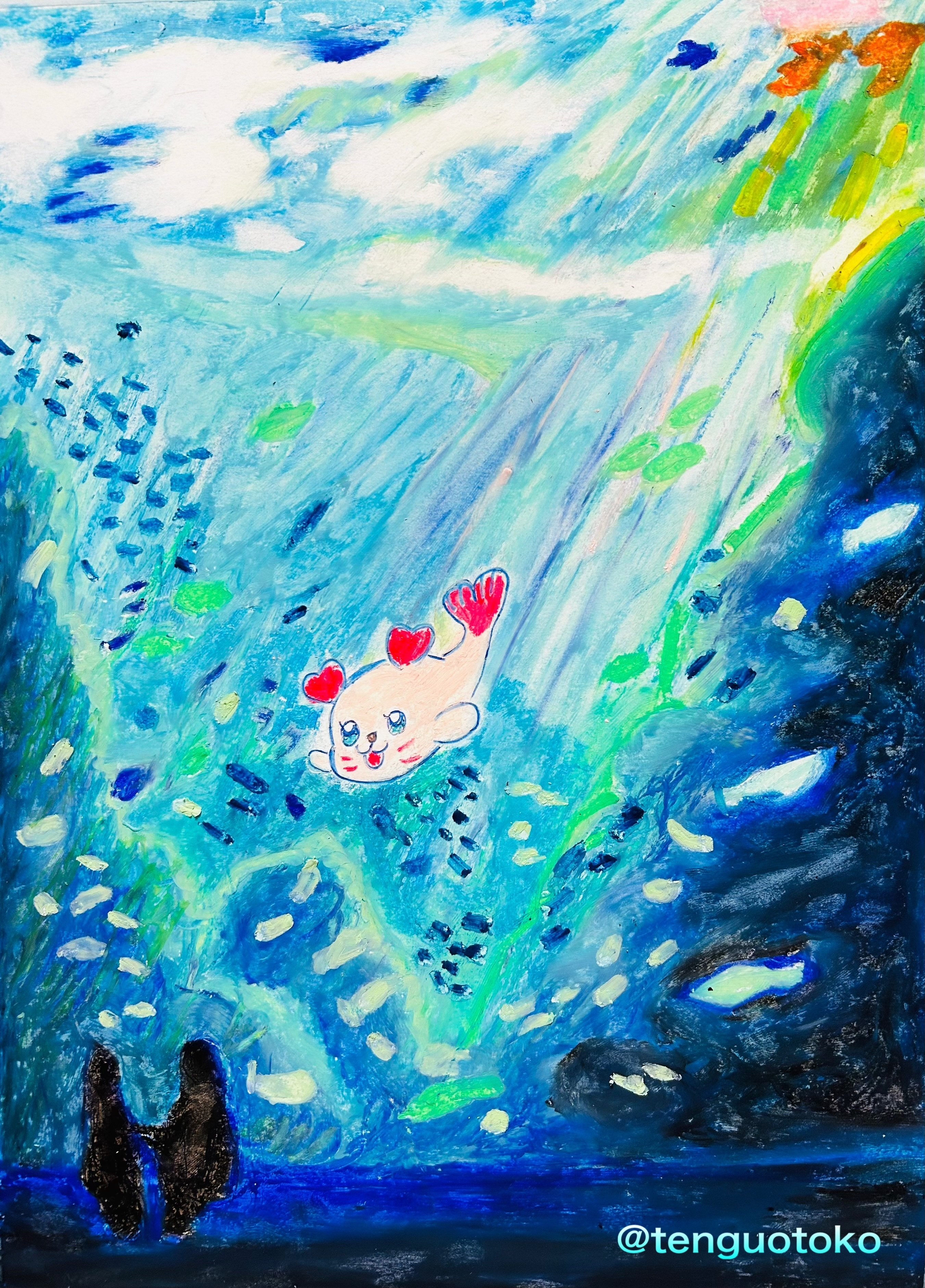 パステル画・くるるん(新江ノ島水族館)｜空想だいあぱ案内人kuramaippei