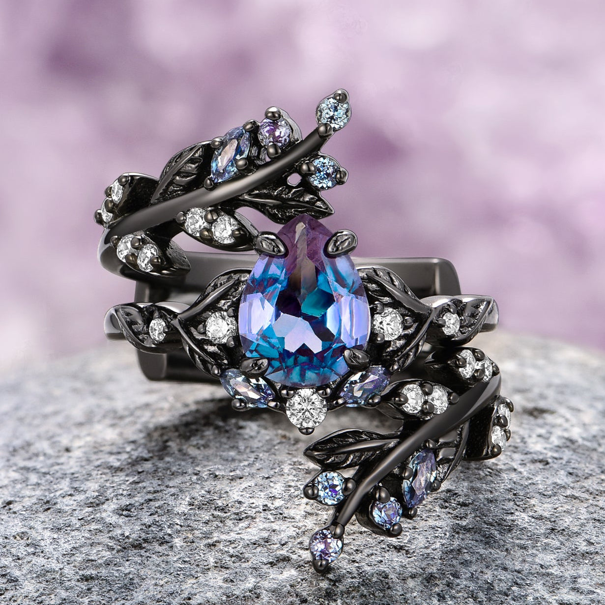 Wisteria Alexandrite Fairy Leaf Ring in Black Ruthenium (Two Piece