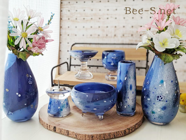 デザイン仏具 RURI（DEEPBLUE）3点セット 送料無料 ブルーのガラス仏具