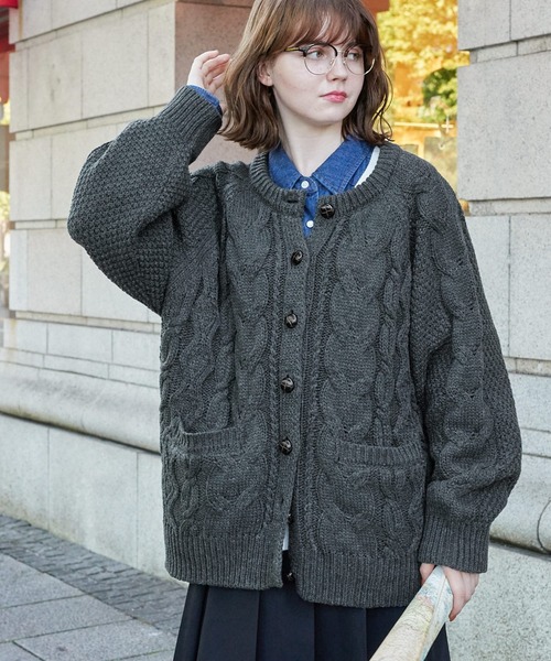 フィッシャーマンクルーネックニットカーディガン MONO-MART LADY'S