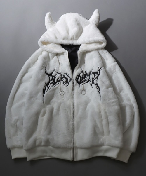 セール】Darkness Design Fur Zip Hoodie with Devil's Horn