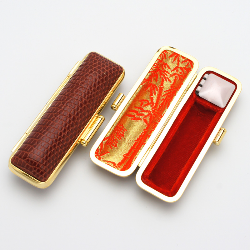 印鑑ケース「本トカゲ皮-金枠」13.5-15.0mm用(赤茶)｜印鑑ケース.com