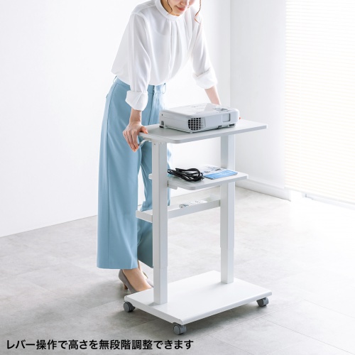 軽い力で棚板を上下に昇降できるガス圧昇降タイプのプロジェクター台を