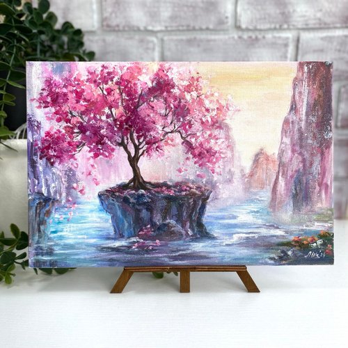 ロシア 桜の絵画 オリジナル油絵 山の風景 川の絵画 桜 AsheArt - Pinkoi