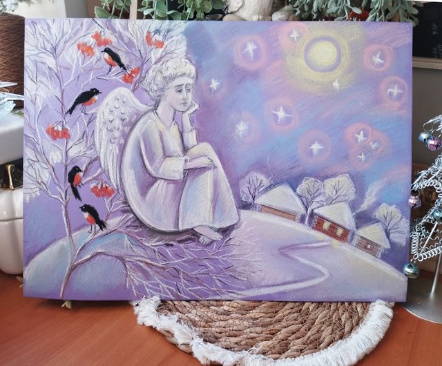 ロシア 天使の冬の絵 新年のパステル画 クリスマスの絵画 鳥 冬の