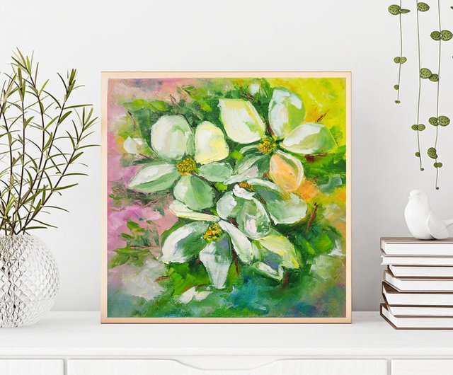 ロシア 白い花の絵、手描き、咲くリンゴの木のアート、家の装飾