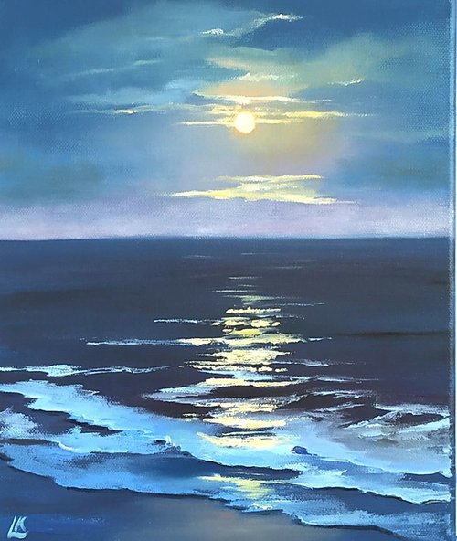 送料無料】ブルガリア 夜の海の油絵 キャンバス 月明かりの海景アート