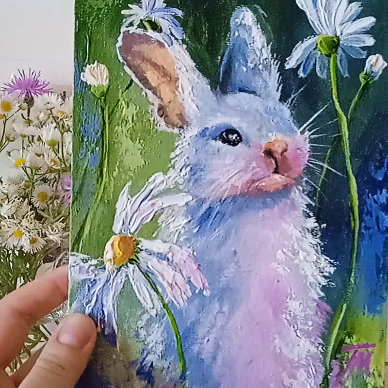 ウクライナ 油絵。ウサギとお絵描き。油絵動物・ミニチュアアート