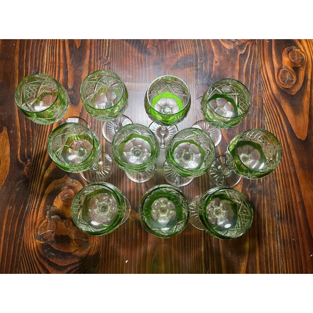 Vintage Val St Lambert Green Cut to Clear Crystal Hock Wine