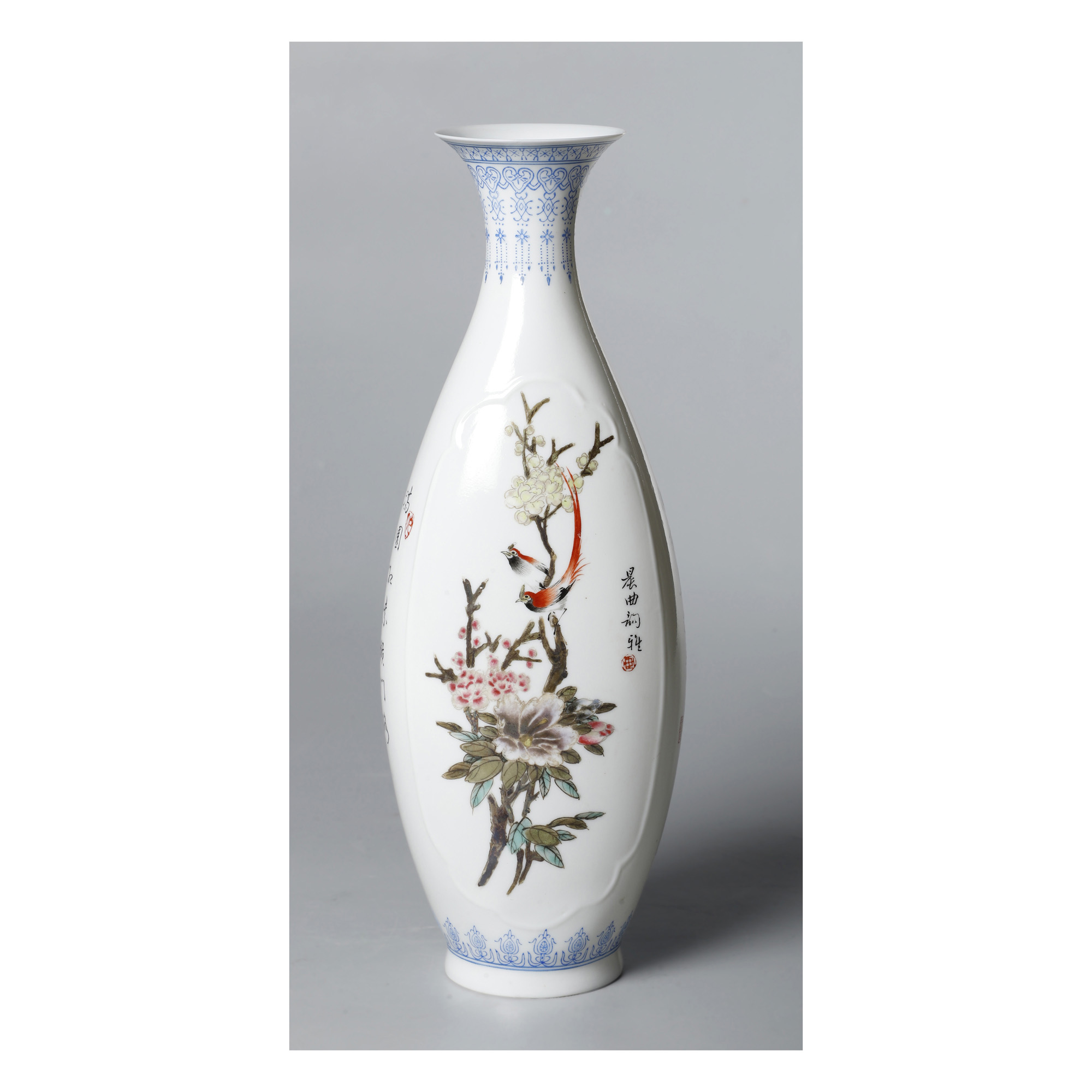 早期粉彩薄胎花鳥詩文賞瓶款乾隆年製- Collect.tw
