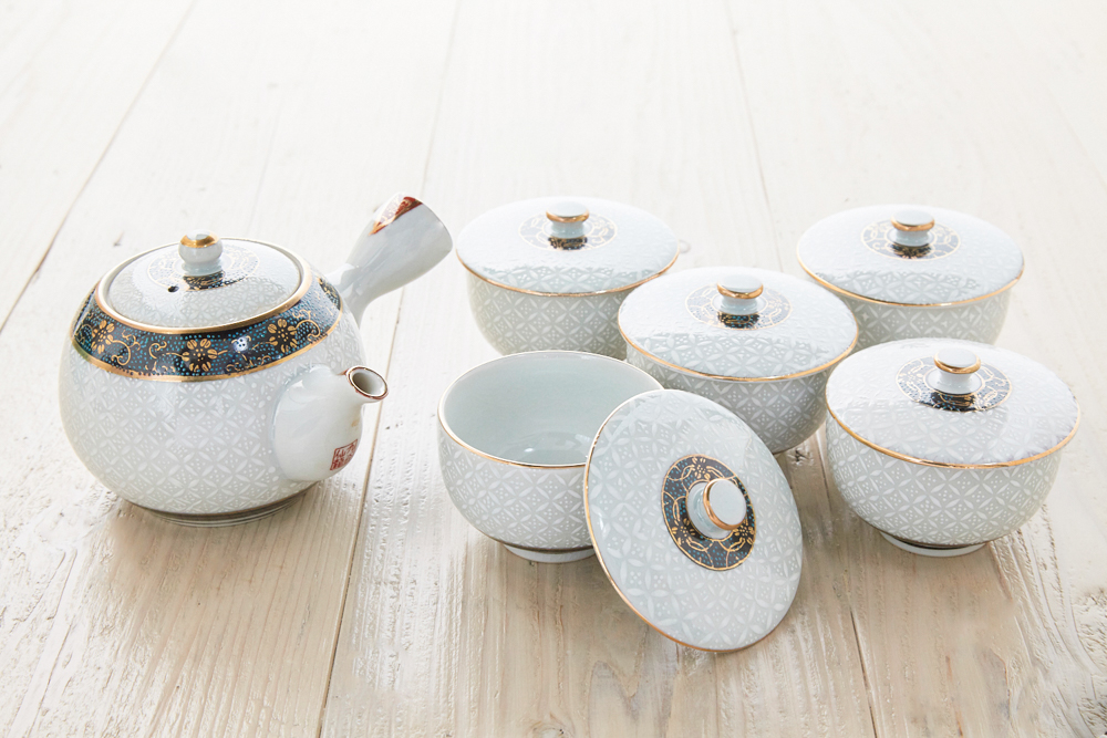 九谷焼 白七宝 蓋付茶器＆急須セット （急須 径18cm 1個、湯呑 径9.5