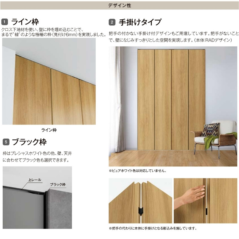 クローゼットドア 折れ戸 本体×1P(2枚) レールタイプ ライン枠 RAD