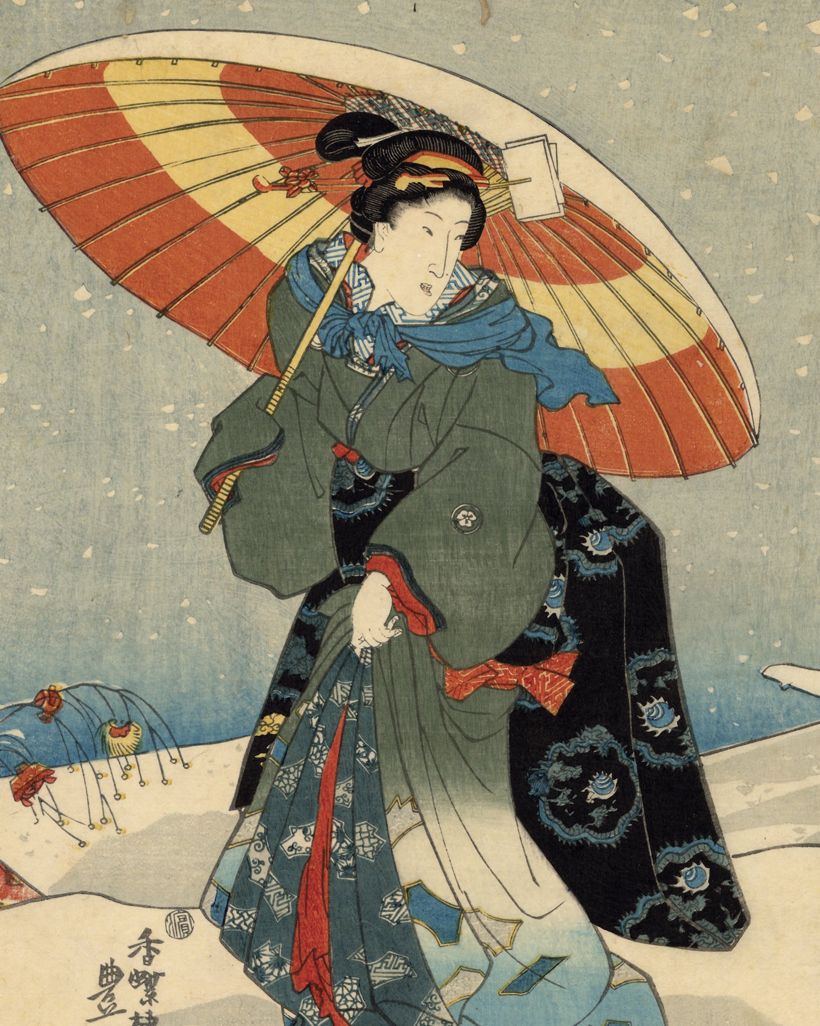 国貞：雪の中の傘を持った美女（販売） – Egenolf Gallery Japanese Prints