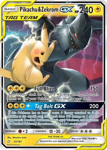 GEM MT 10 TAG TEAM-Pikachu & Zekrom GX (Full Art) 162/181 Sm-Team