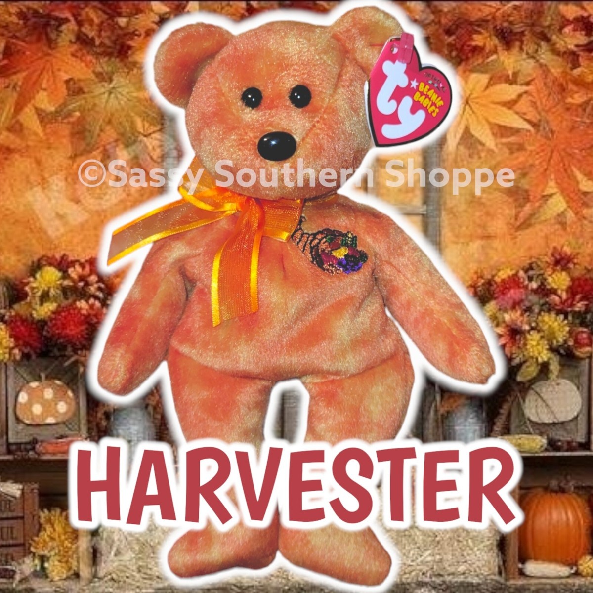❤️ 2007 HARVESTER Orange Cornucopia Thanksgiving BEAR Ty Beanie