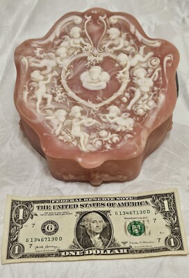 Vintage Genuine Incolay Stone Jewelry Trinket Box Cherubs