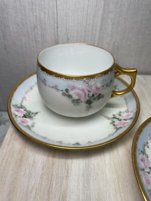 Rosenthal Selb Bavaria Cup and Saucer Set of 4 Rose Pink Blue Gold