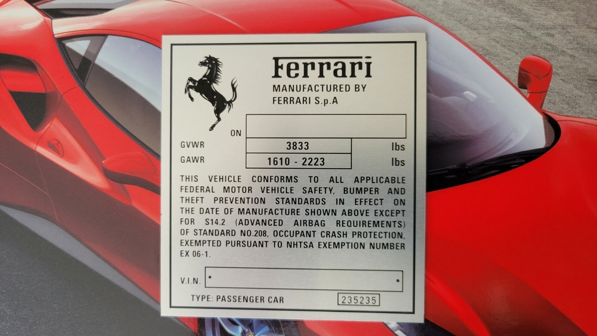 V.I.N.# Labels Tags Door jam jamb Ferrari 360 F430 458 488 599 612