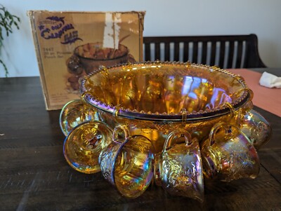 INDIANA GLASS Carnival Iridescent PUNCH BOWL SET Princess 7447
