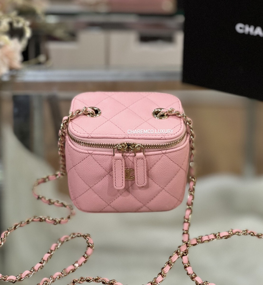 NWT! 💕22C CHANEL Sakura Pink Mini Square Vanity 💕Grained Gold HW