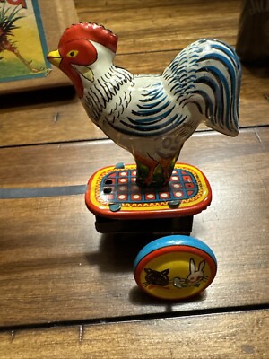 1950s Vintage Japan Fighting Cock Chicken Roosters Windup Toy Tin