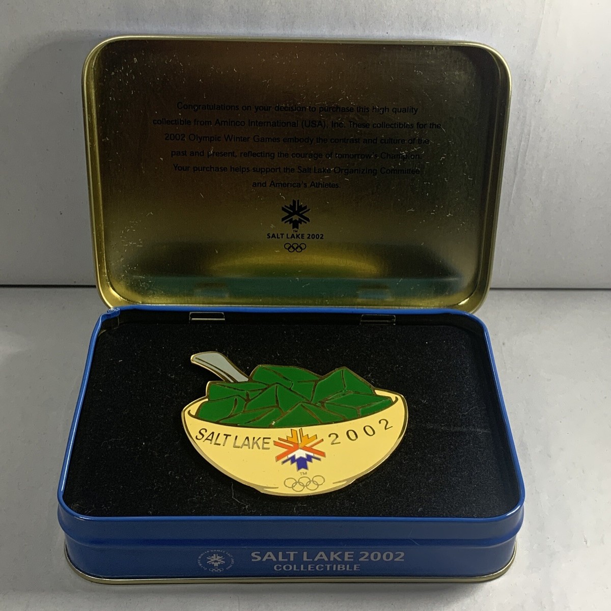 RARE Salt Lake City 2002 Olympics Bowl of Green Jello 3x3 Pin in