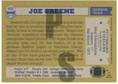 1982 STCC #402 Topps Mean Joe Greene Pittsburgh Steelers Custom