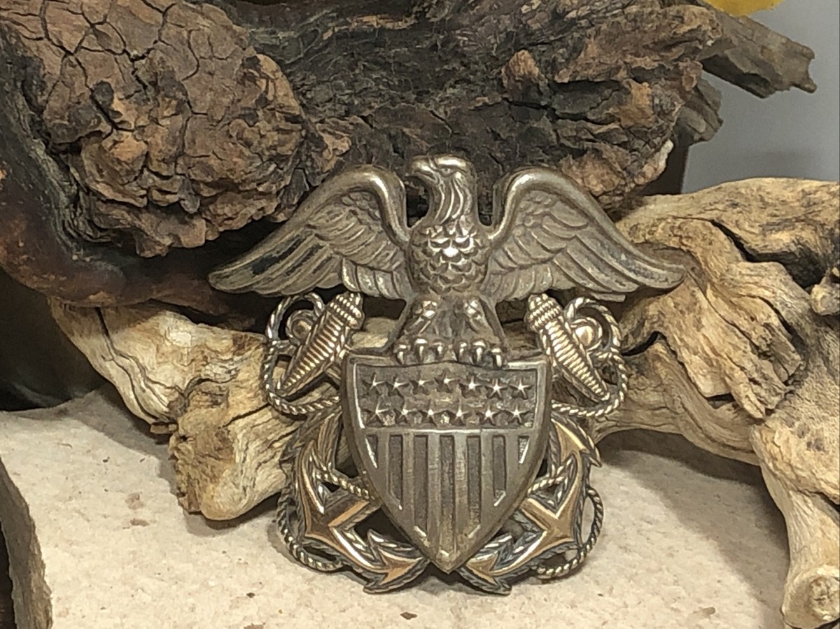 925 Sterling Silver WWII Eagle Shield Crossed Anchor Double Screw