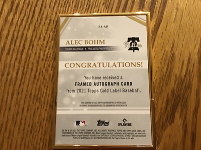 2021 Topps Gold Label Framed Alec Bohm Rookie Auto FA-AB Phillies
