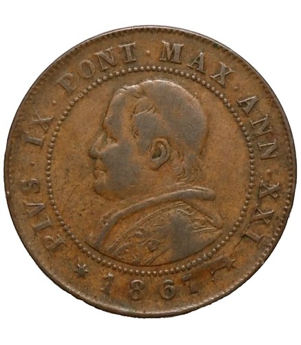 1867 ITALY PAPAL STATES w Pope Pius IX Soldo 5 Cent Antique