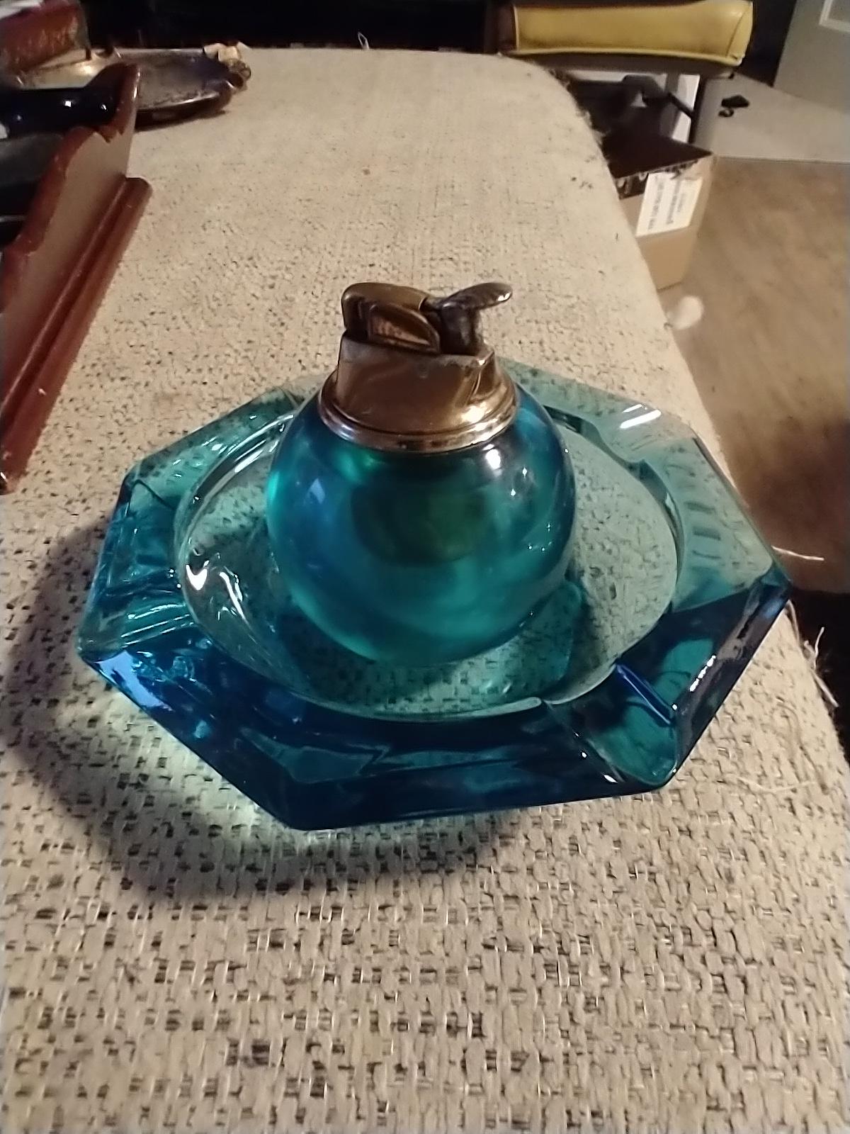 Blue glass table lighter ash tray set : r/lighters
