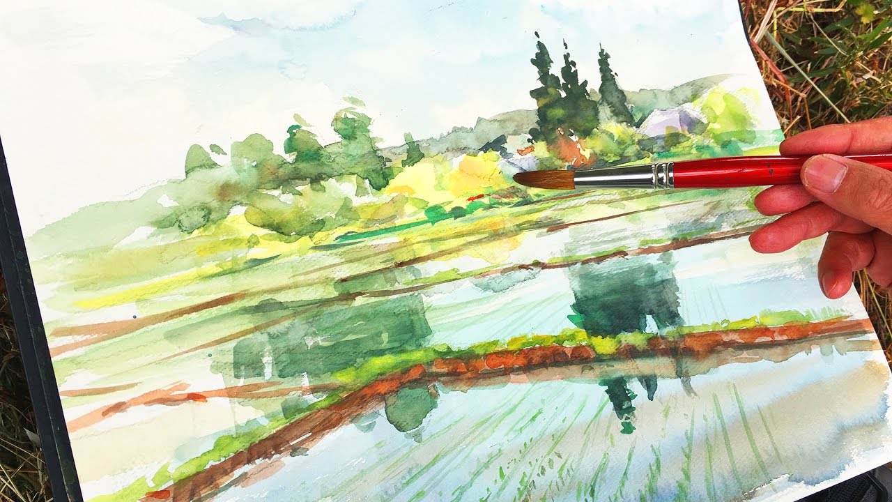 Eng sub ] Watercolor Tutorial | How to paint a landscape - Paddy
