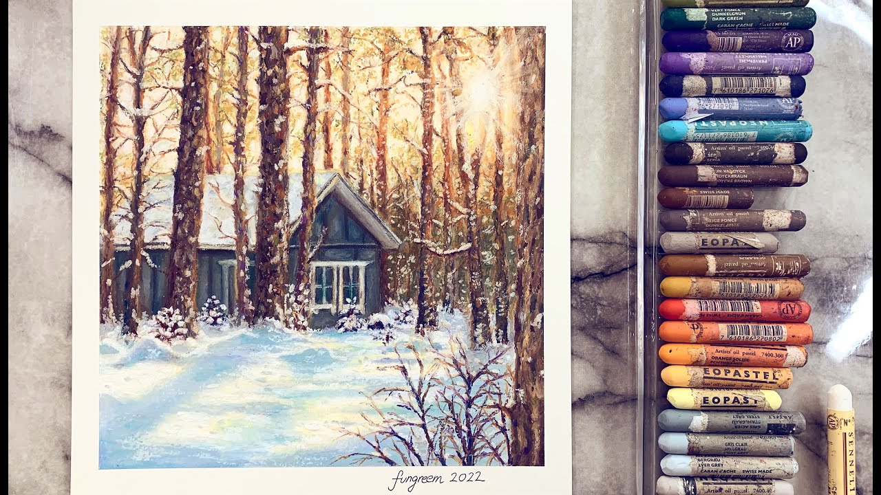 Oil Pastels : Cottage in Winter Forest [Sketch to Finish] using