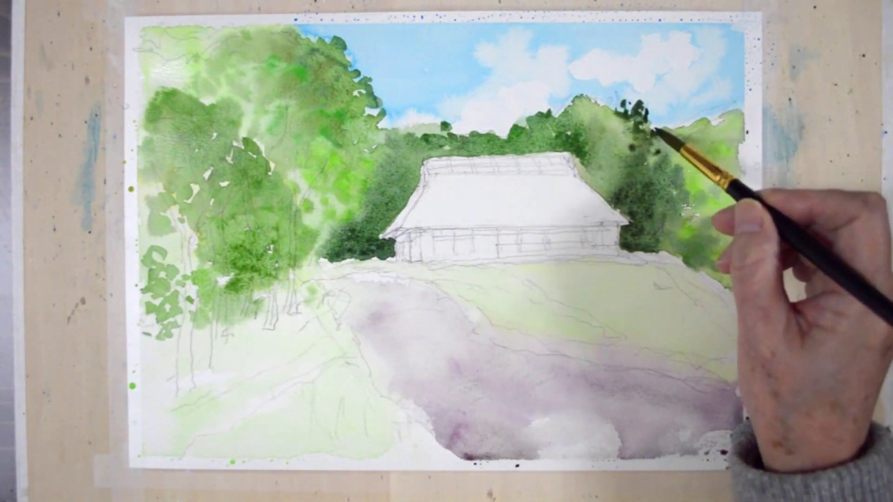 水彩画・風景画・藁葺き屋根の家を優しい筆のタッチで描く House with