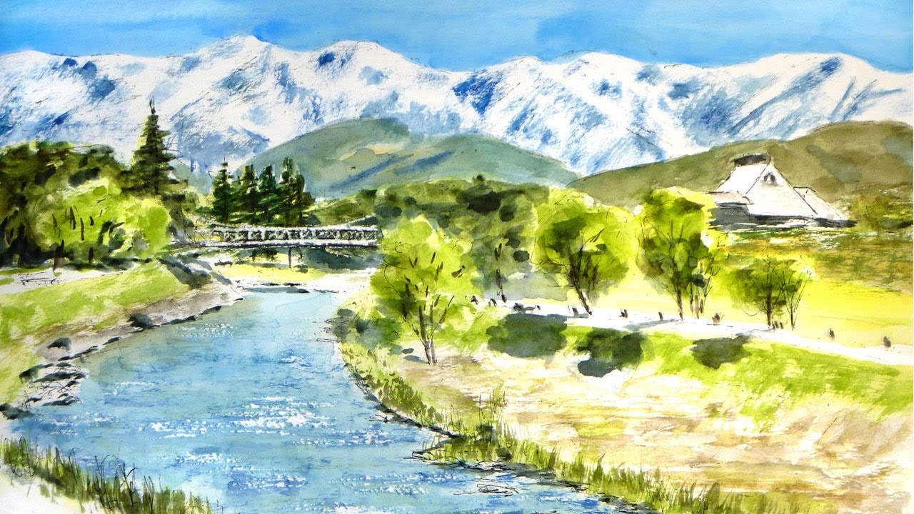 春、新緑と未だ雪深い信州の山々（透明水彩風景画） Fresh green and